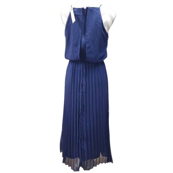Sam Edelman Size 4 Electric Pleated A Line Long Midi Dress Navy Blue Halter Top - Picture 2 of 10
